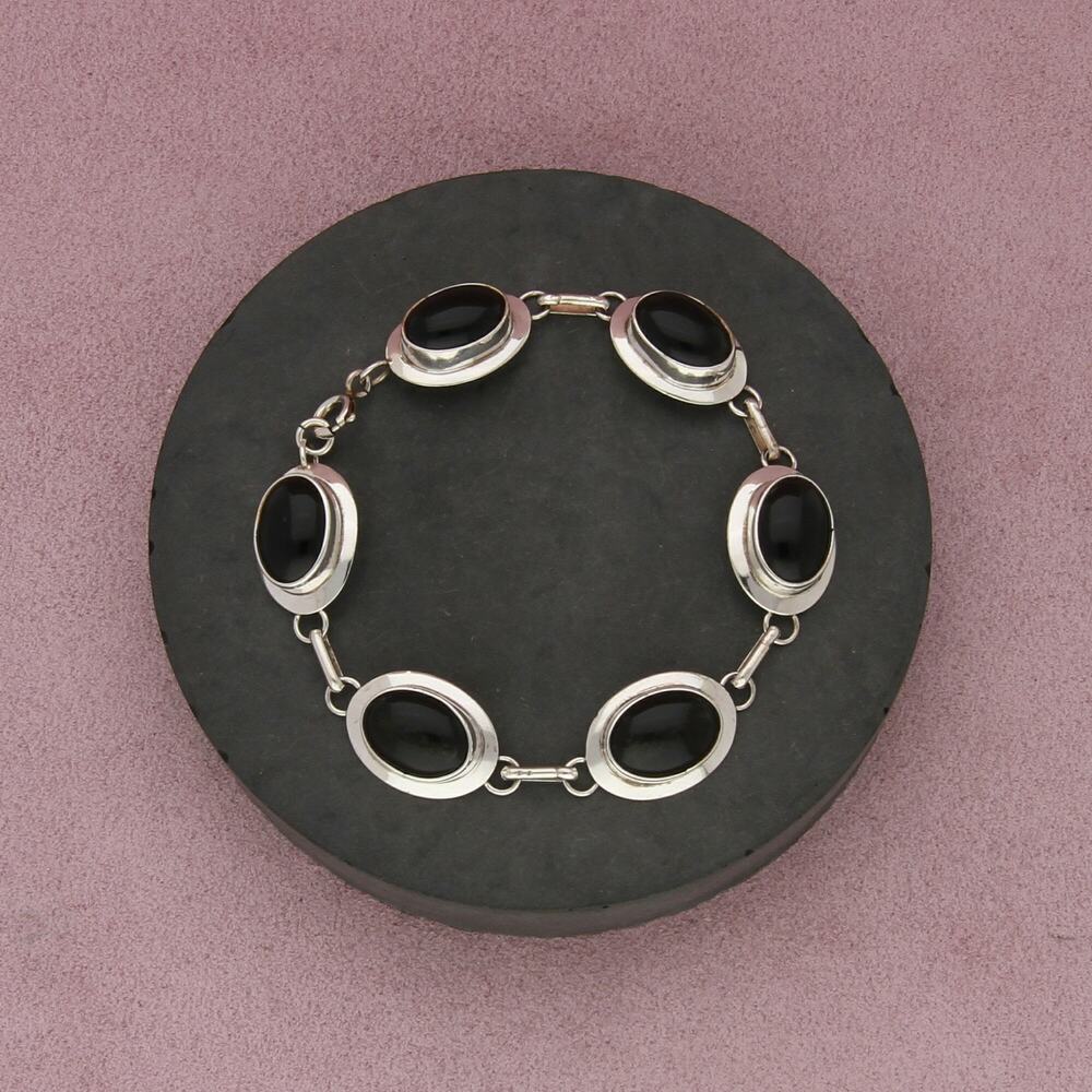 navajo sterling silver vintage onyx cabochon link bracelet size 7.75in